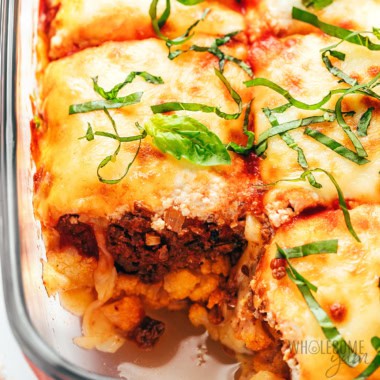 Cauliflower lasagna in a baking dish.