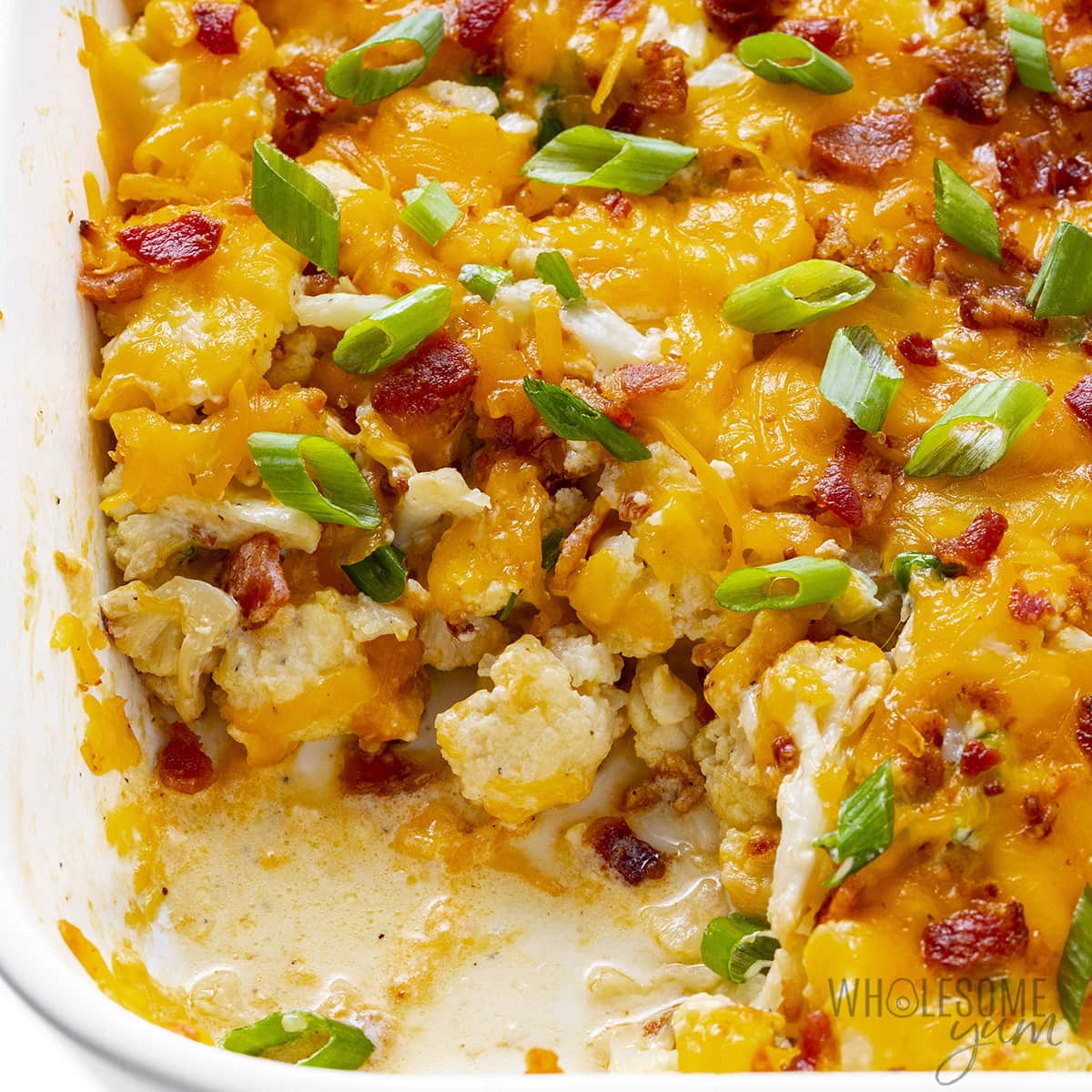 Cauliflower casserole in a baking dish.