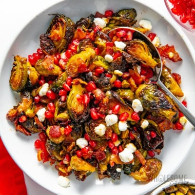 Maple bacon brussels sprouts on a plate.