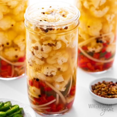 Pickled cauliflower in jars.