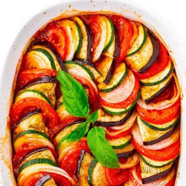 Ratatouille recipe in a baking dish.